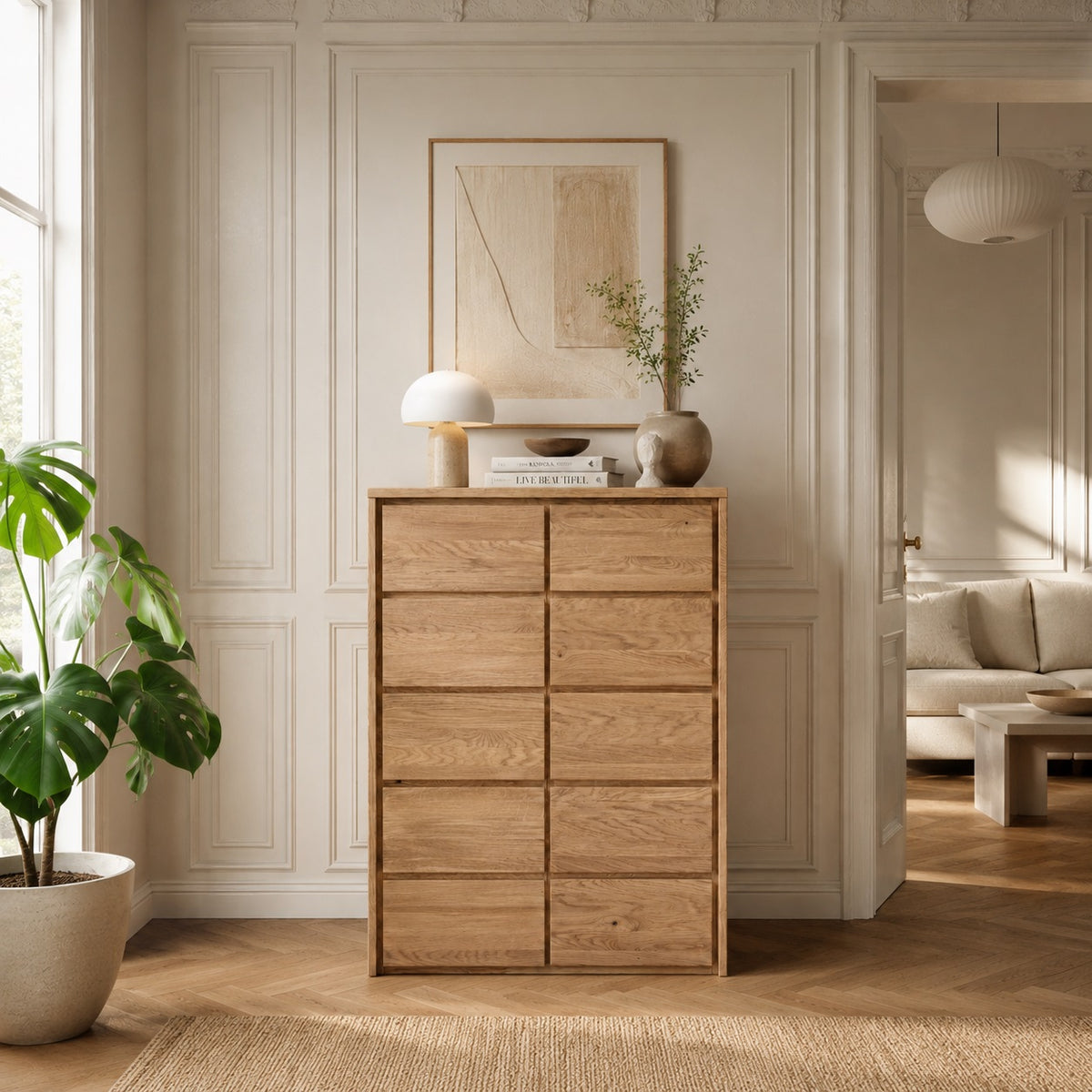 Commode/buffet d’ébéniste Heimdal en chêne massif certifié FSC, avec 1 porte et 5 tiroirs, finition à l’huile naturelle – L88 x H113 x P42 cm – Livré entièrement monté