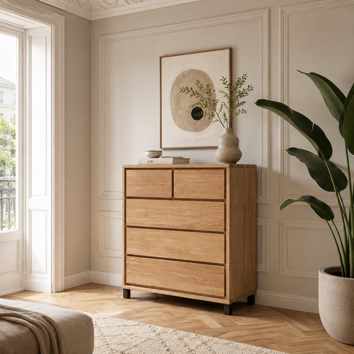 Commode/buffet d’ébéniste Heimdal en chêne massif certifié FSC, avec 2 petits et 3 grands tiroirs, finition à l’huile naturelle, sur pieds métalliques – L88 x H100 x P42 – Livré entièrement monté