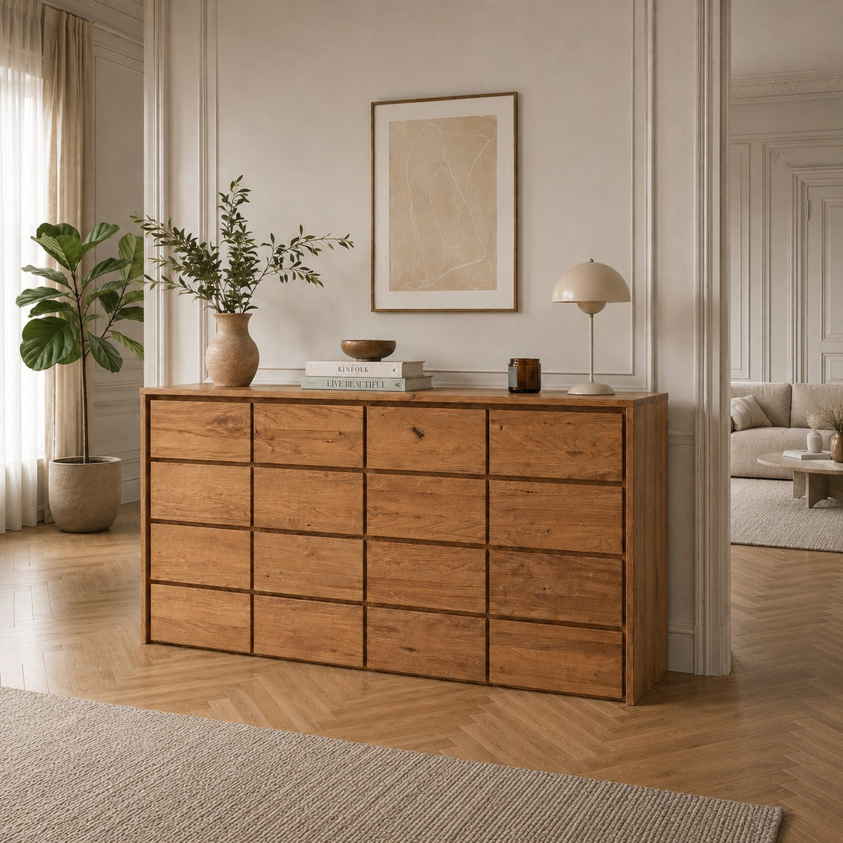 Commode/buffet d’ébéniste Heimdal en chêne massif FSC avec 4 tiroirs et 4 portes, huile naturelle – H91 x L172 x P48 cm – Livré assemblé