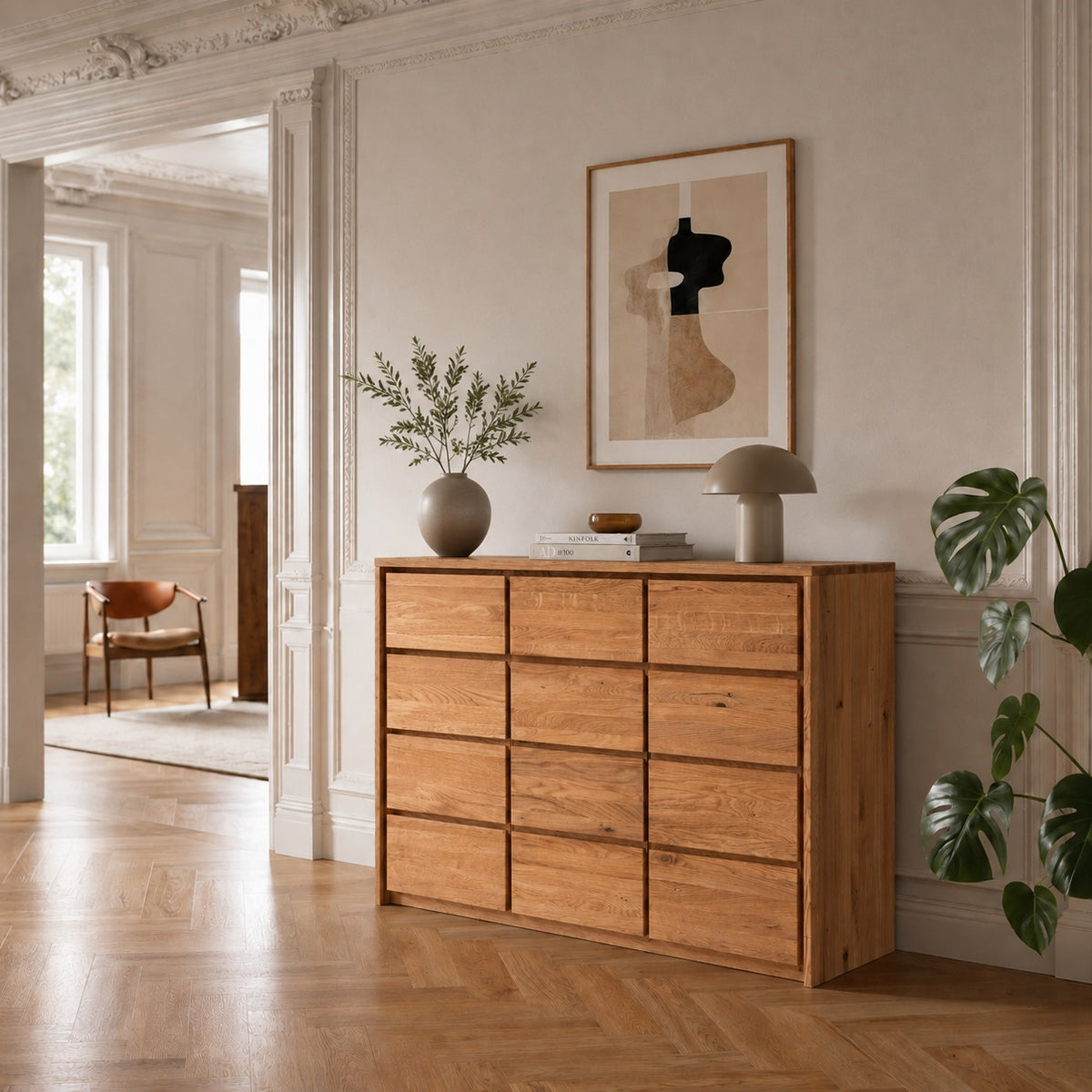 Commode/buffet d’ébéniste Heimdal avec 3 tiroirs et 3 portes en chêne massif certifié FSC, finition à l’huile naturelle – H91 x L130 x P48 cm – Livré entièrement monté