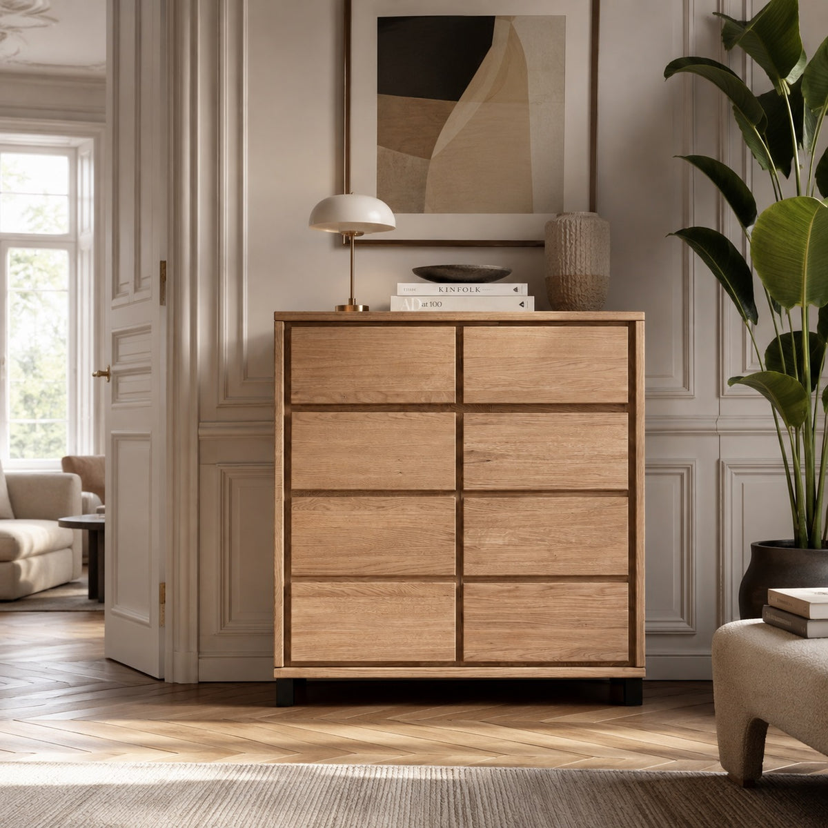 Commode/buffet d’ébéniste Heimdal en chêne massif, avec 2 portes et 2 tiroirs, finition à l’huile naturelle, sur pieds métalliques noirs – H100 x L88 x P42 cm – Livré entièrement monté