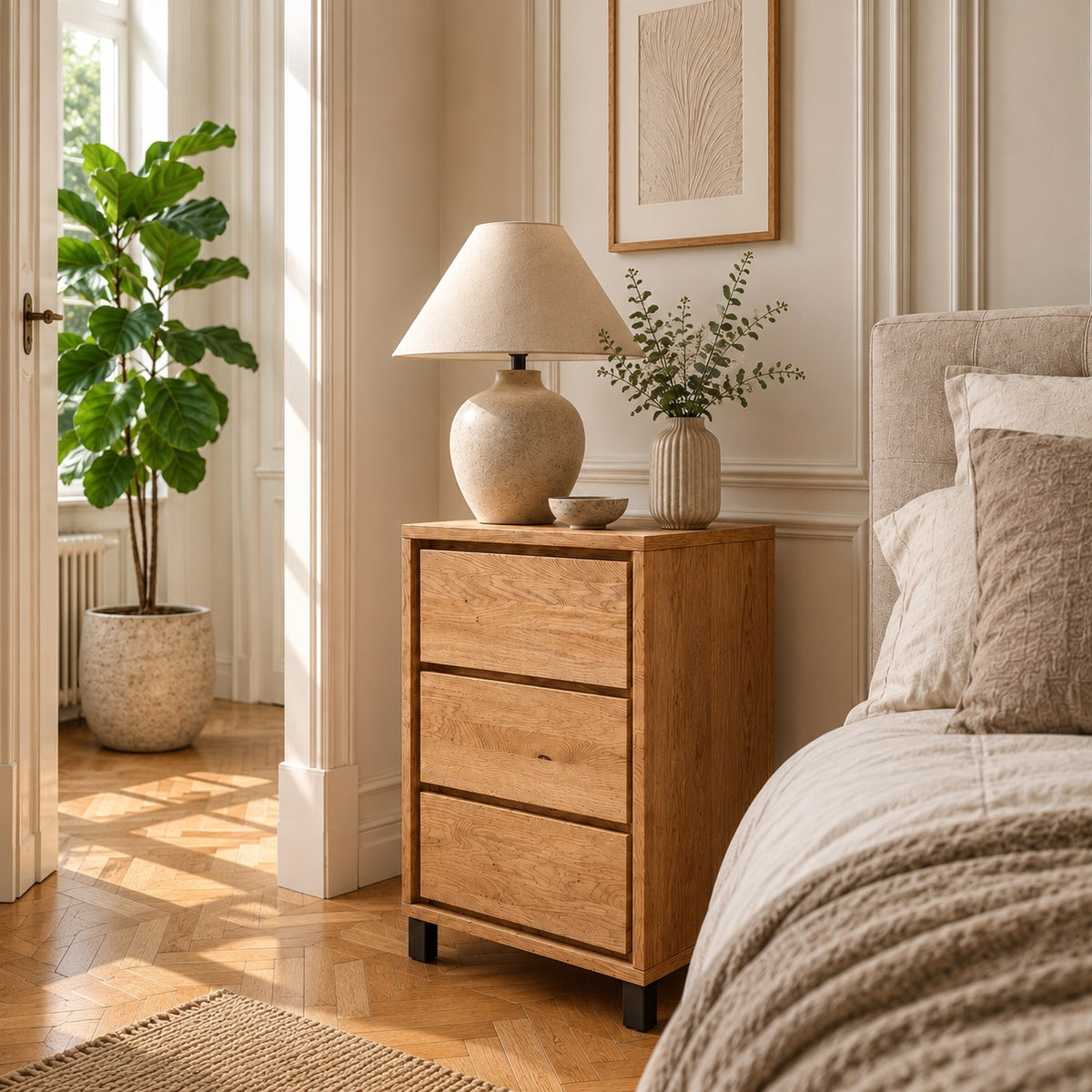 Table de chevet/commode d’ébéniste Heimdal avec 3 tiroirs en chêne massif certifié FSC, finition à l’huile naturelle, sur pieds métalliques – L47 x H79 x P42 cm – Livré entièrement monté