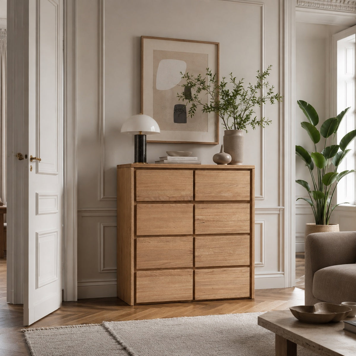 Commode/buffet d’ébéniste Heimdal en chêne massif certifié FSC, avec 2 portes et 2 tiroirs, finition à l’huile naturelle – H91 x L88 x P42 cm – Livré entièrement monté