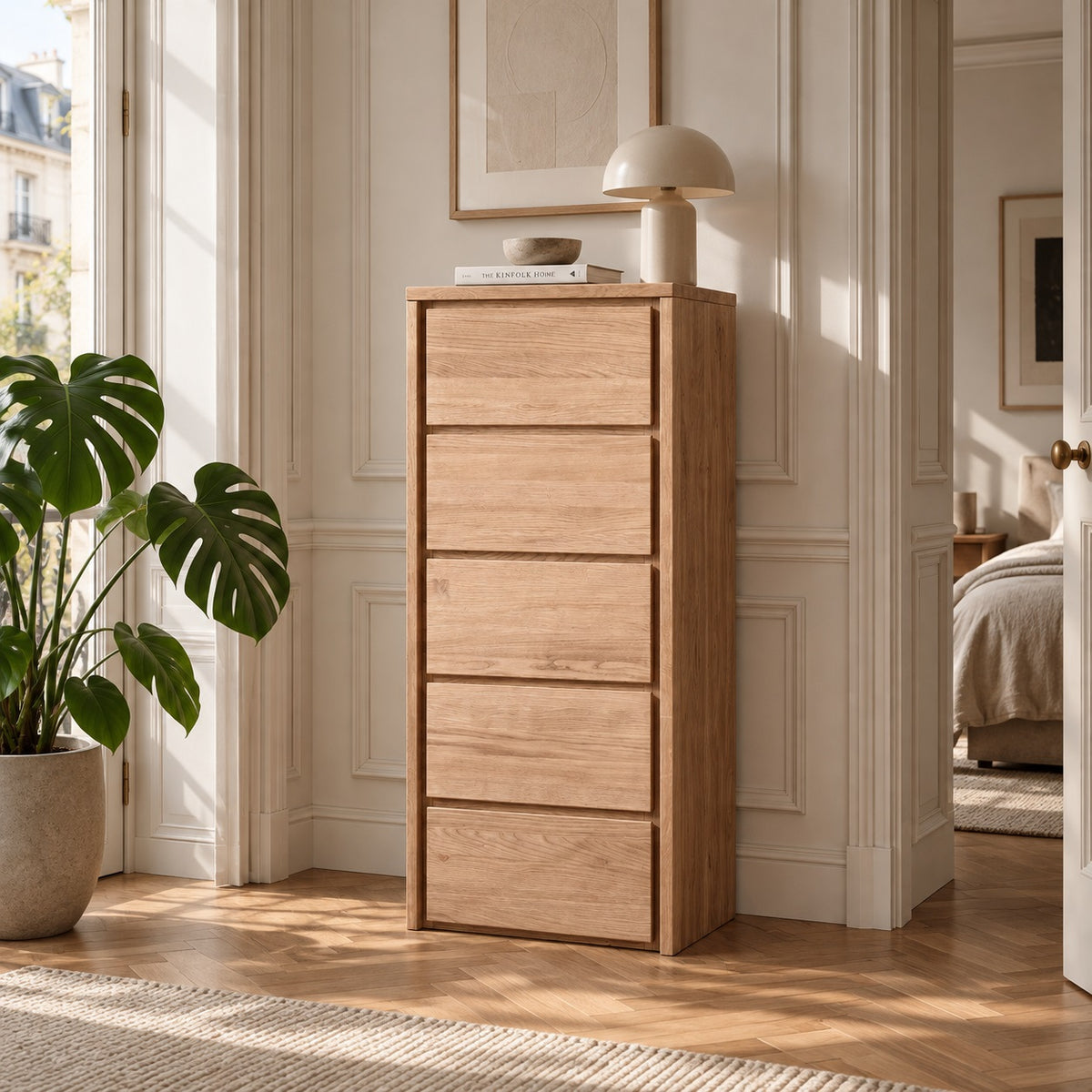 Commode d’ébéniste Heimdal en chêne massif, avec 5 tiroirs, finition à l’huile naturelle – H113 x L47 x P42 cm – Livré entièrement monté