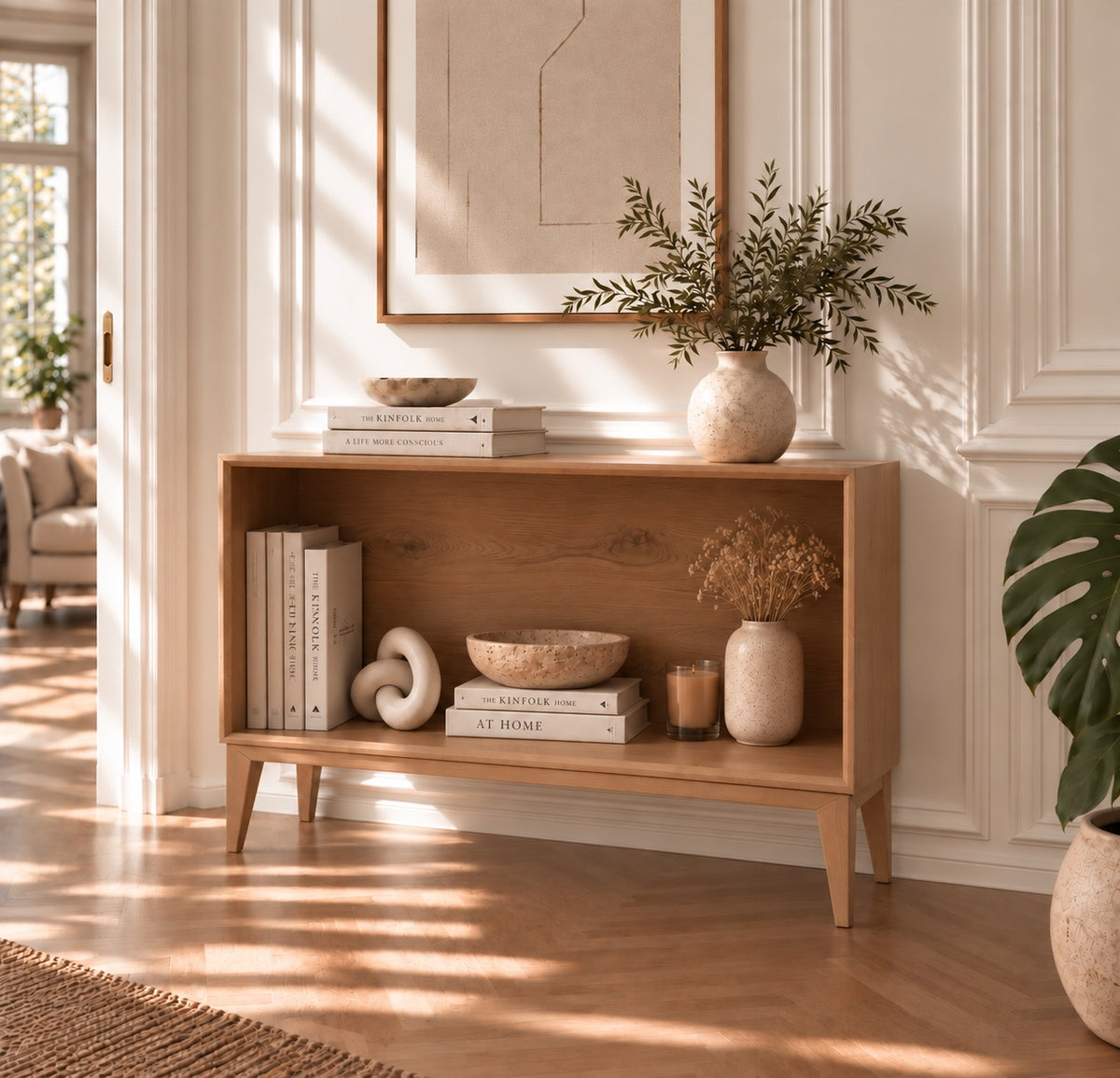 Njord Åben Snedker Reol i Massiv FSC Egetræ og Naturolie - H63 x B90 x D42 cm - Leveres Færdigsamlet