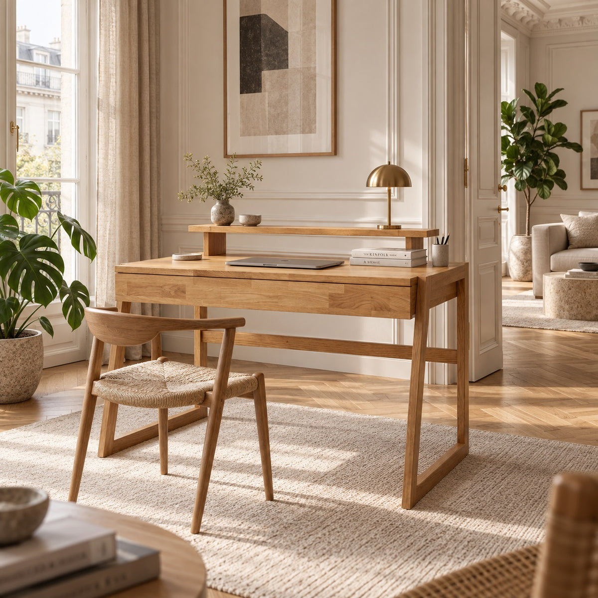 Bureau d’ébéniste Sif en chêne massif FSC et huile naturelle avec tiroir et étagère – L55 x H94 x L126