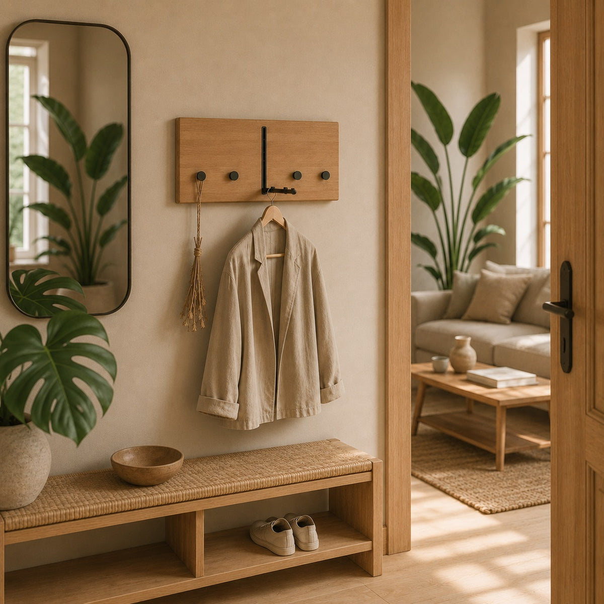 Porte-manteaux Sif Snedker en bois de hêtre massif FSC et huile naturelle avec 4 crochets et une tringle à vêtements – L2,5 x H22 x L50 cm