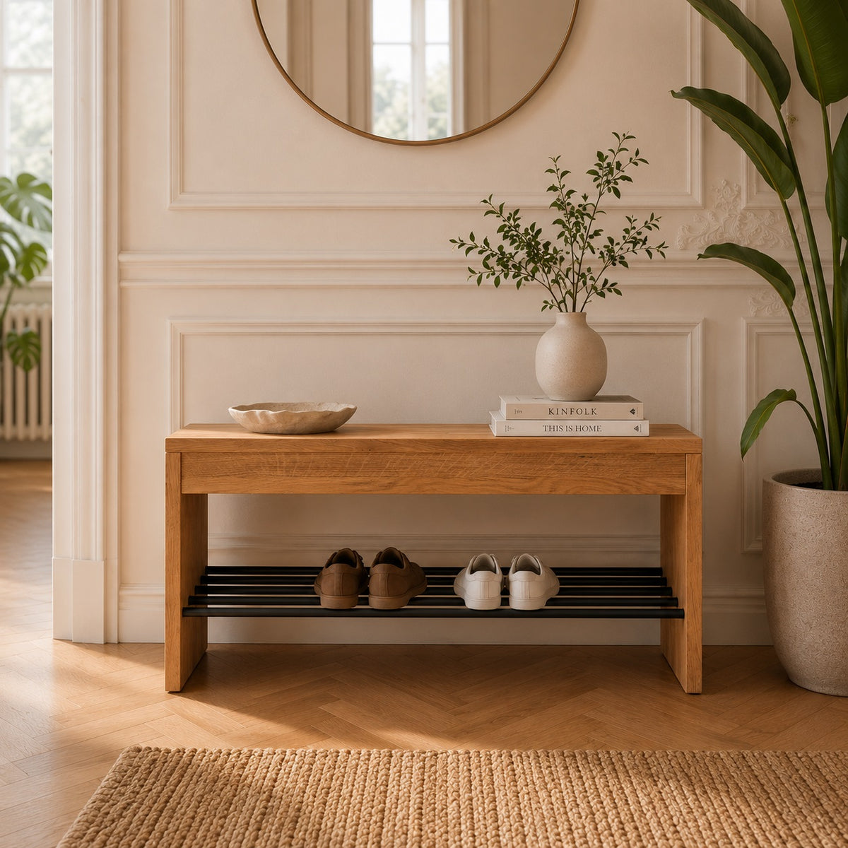 Banc Sif Snedker en bois de chêne massif FSC et huile naturelle – étagère à chaussures en tubes métalliques noirs L40 x H45 x L82